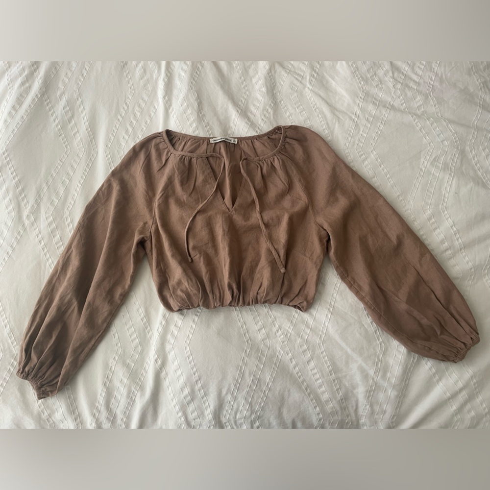NWOT A&F Long Sleeve Linen Blend Peasant Top - Tan - XS